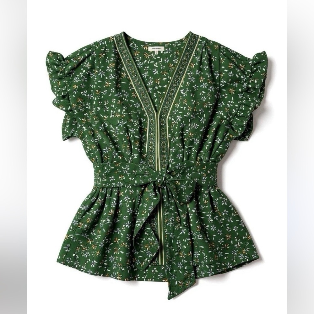 Max Studio Green Floral Blouse with Ruffle Sleeves